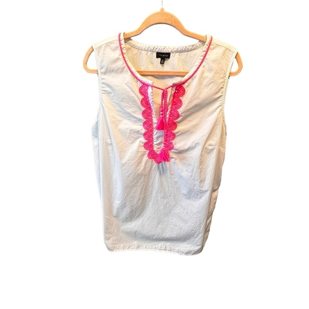 🔴Talbots White Sleeveless Tunic with Fluorescent Pink Embroidered Detail Tassels